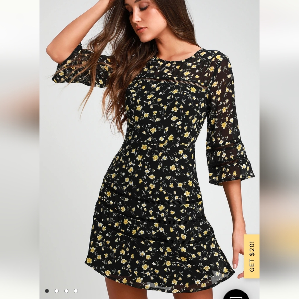 Lulu's Set My Spirit Free Black with Yellow Floral Print 3/4 Sleeve Dress Size S
